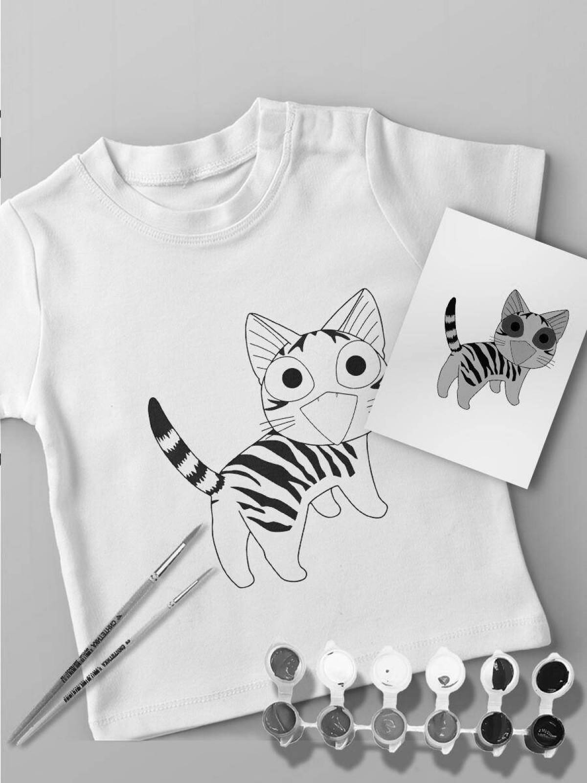 Coloring book glowing T-shirt with a kitten
