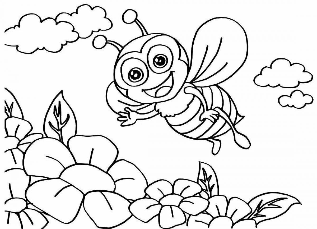 Colorful cat and bee coloring page