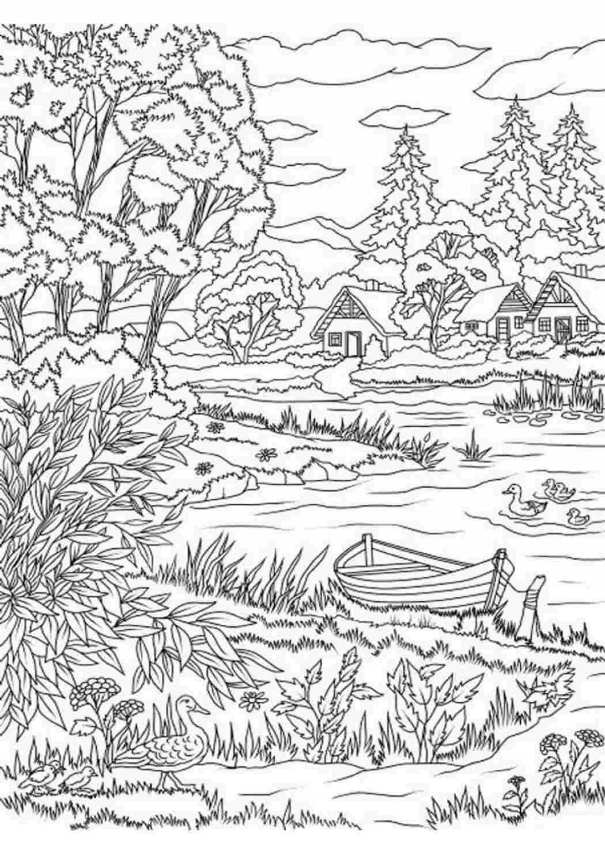 Blissful landscape coloring book for adults