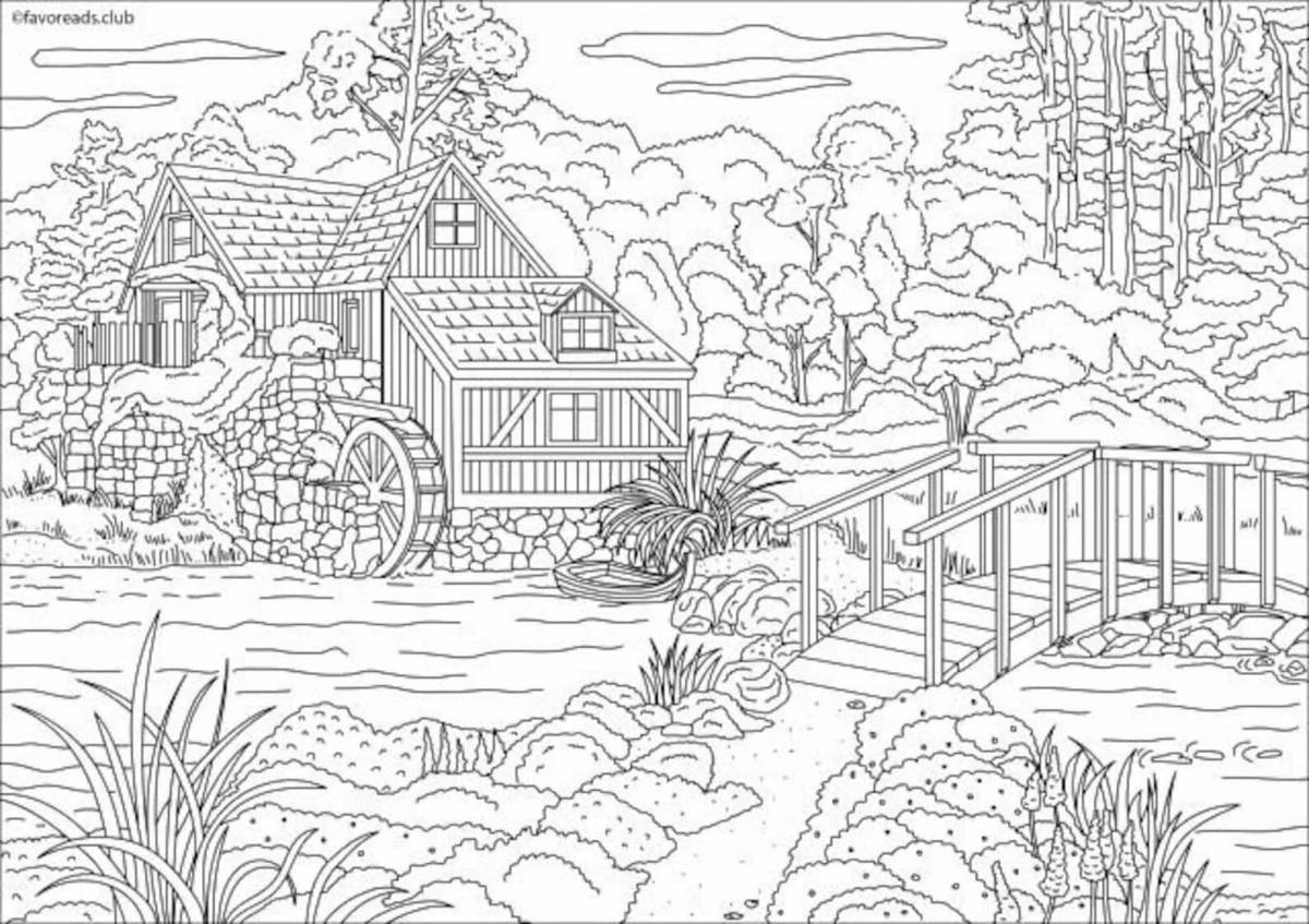 Refreshing coloring landscape for adults