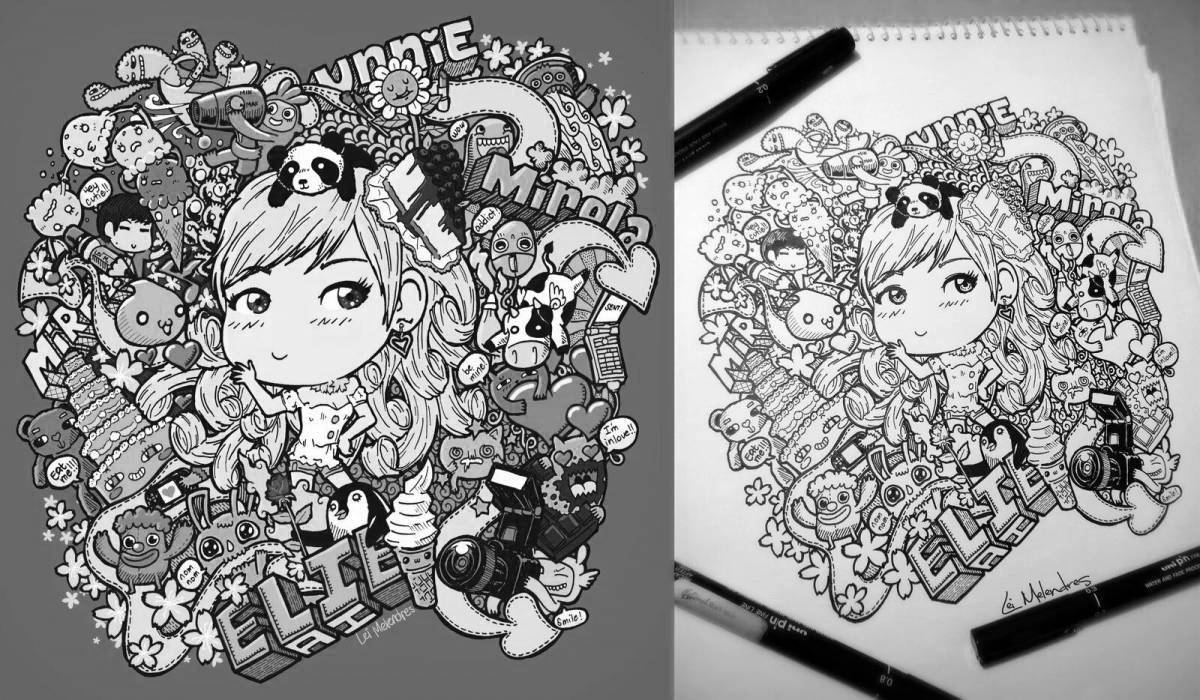 Sweet coloring book for sketchbook with markers