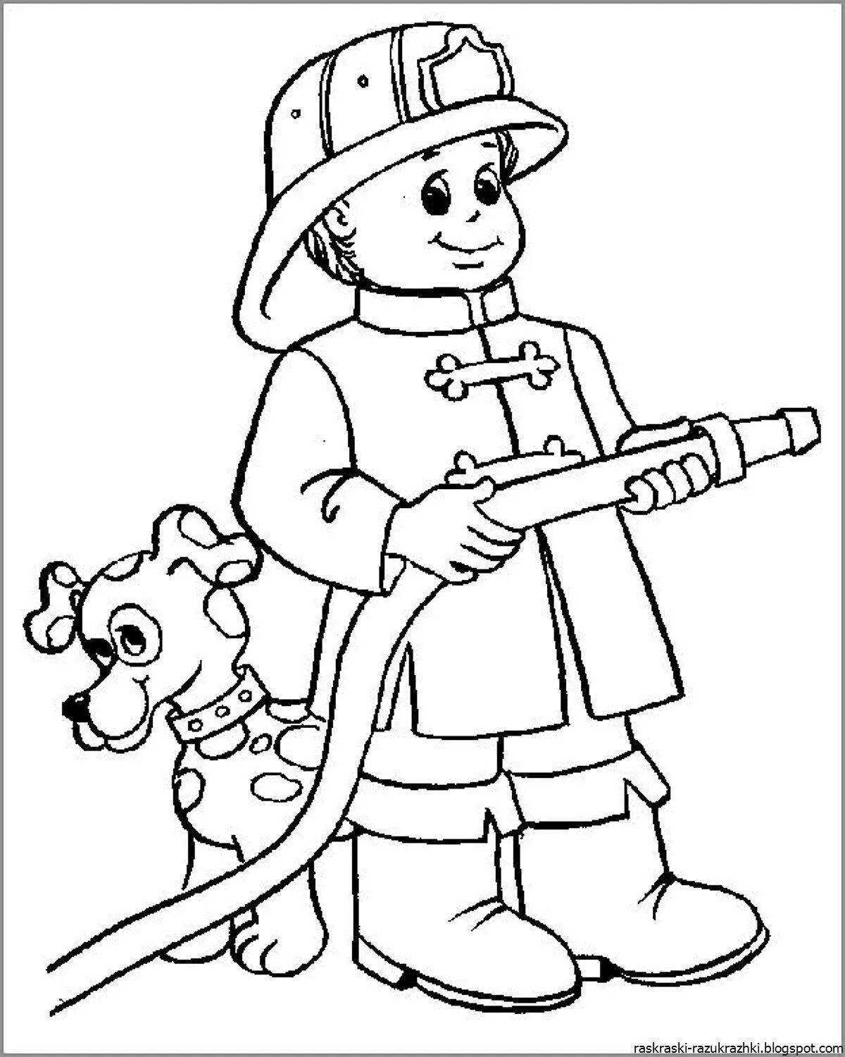 Красочная раскраска пожарного для детей