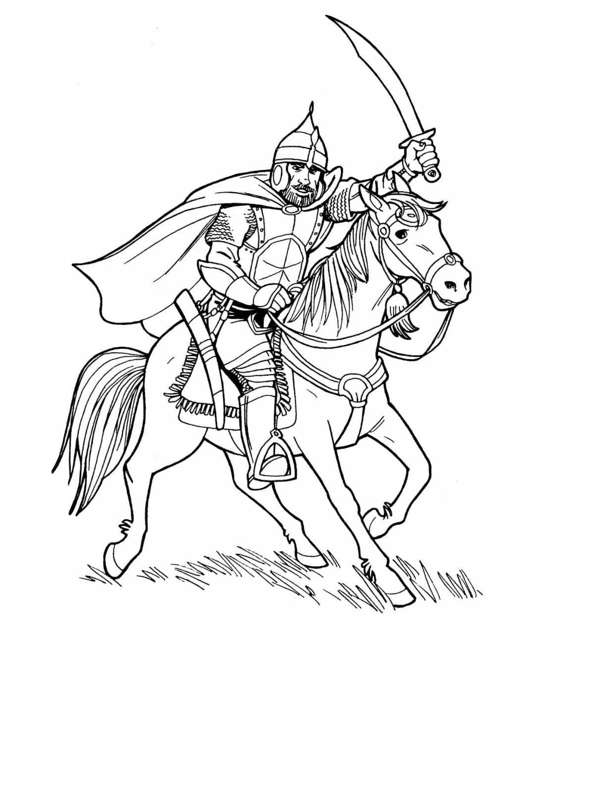 The valiant hero of the coloring book on horseback