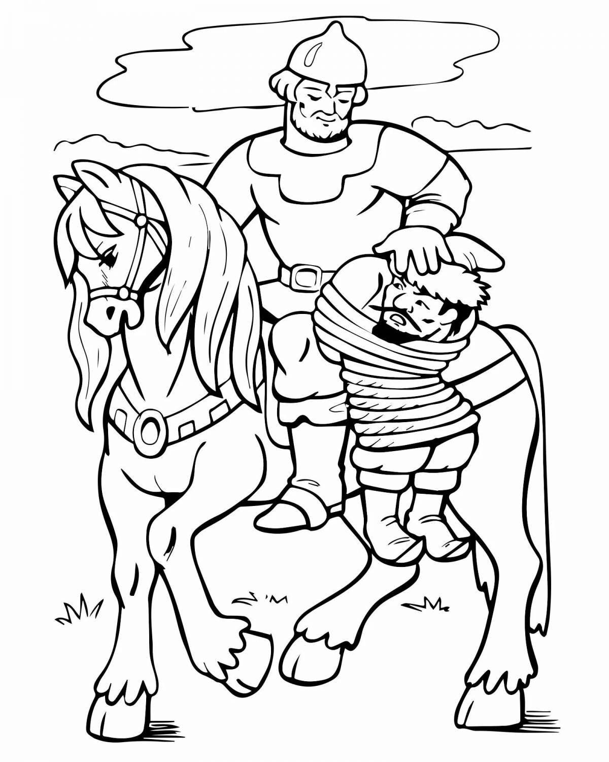 Great coloring book hero on horseback