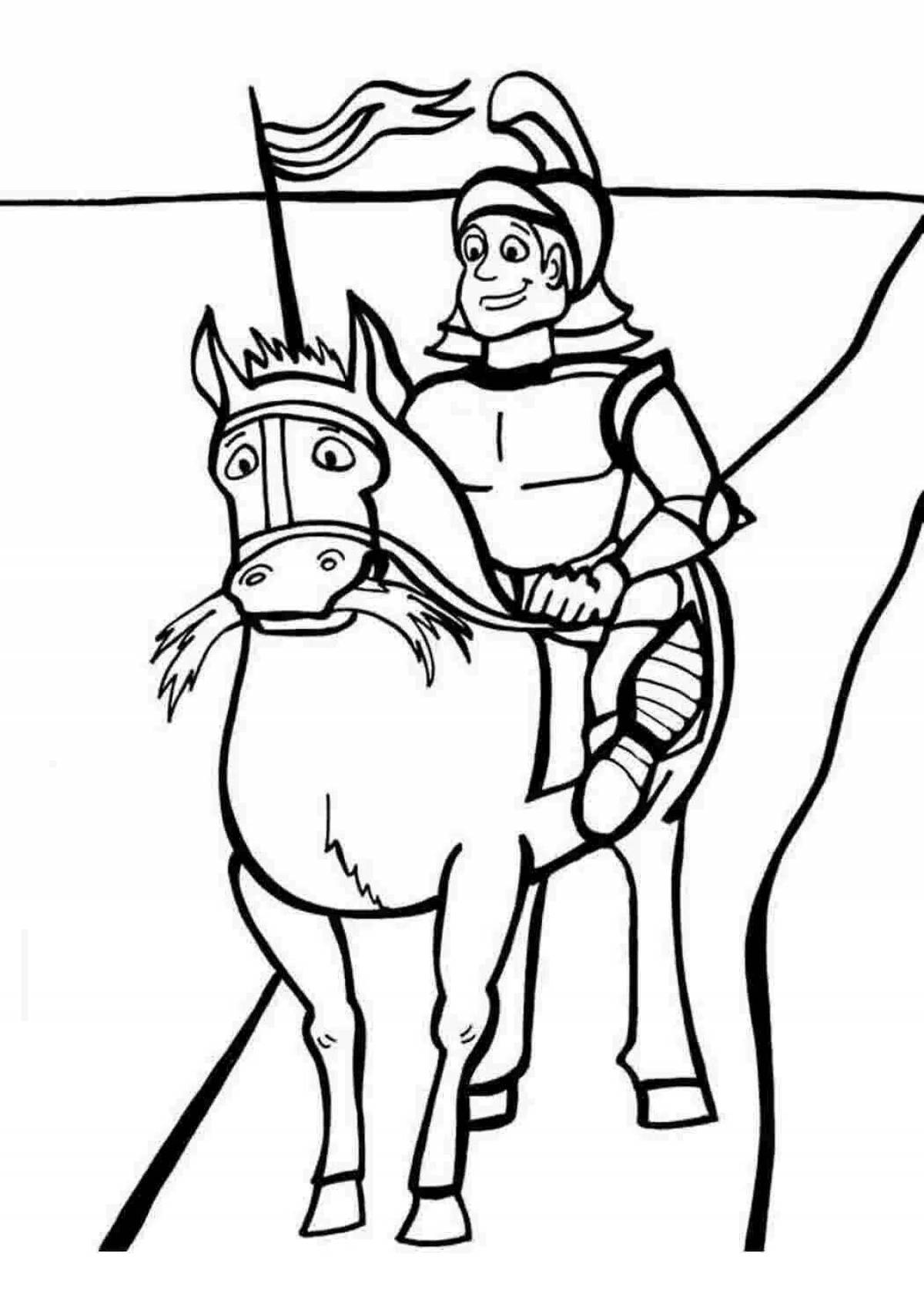 Благородный герой раскраски верхом на лошади