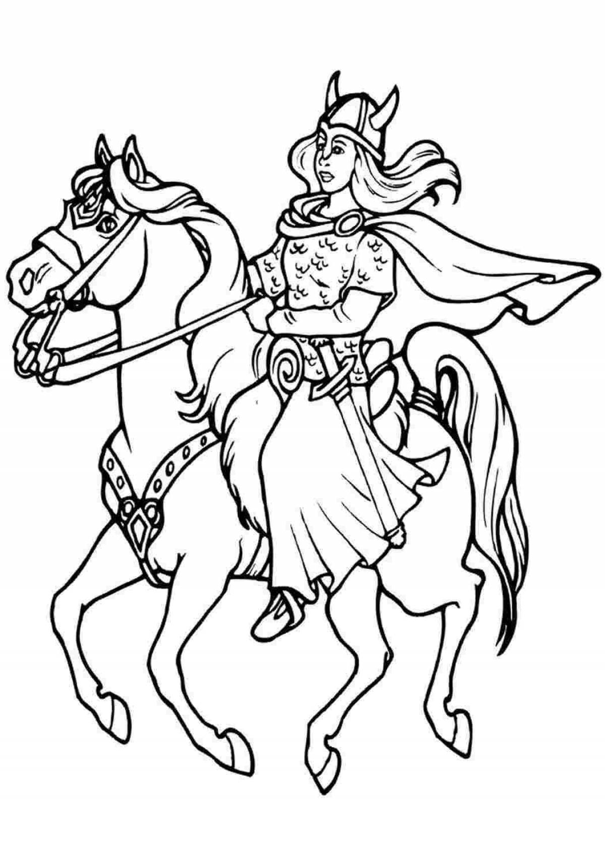 Radiant coloring page hero on horse