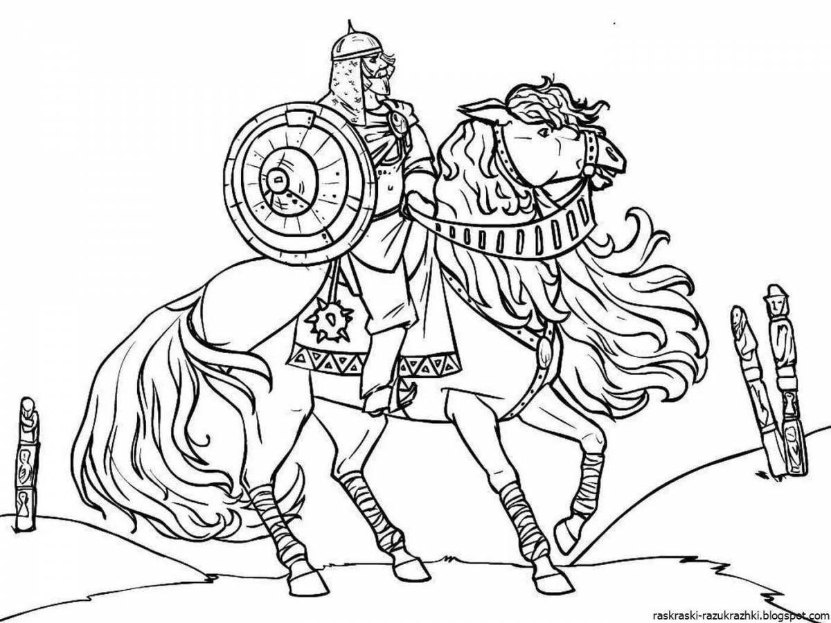 Amazing coloring book hero on horseback