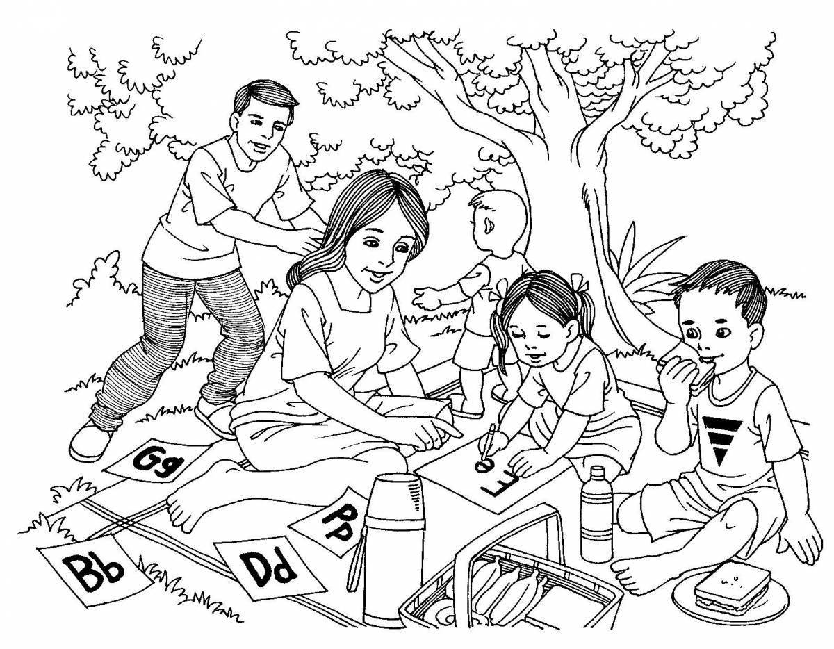 Coloring book relaxing family on vacation