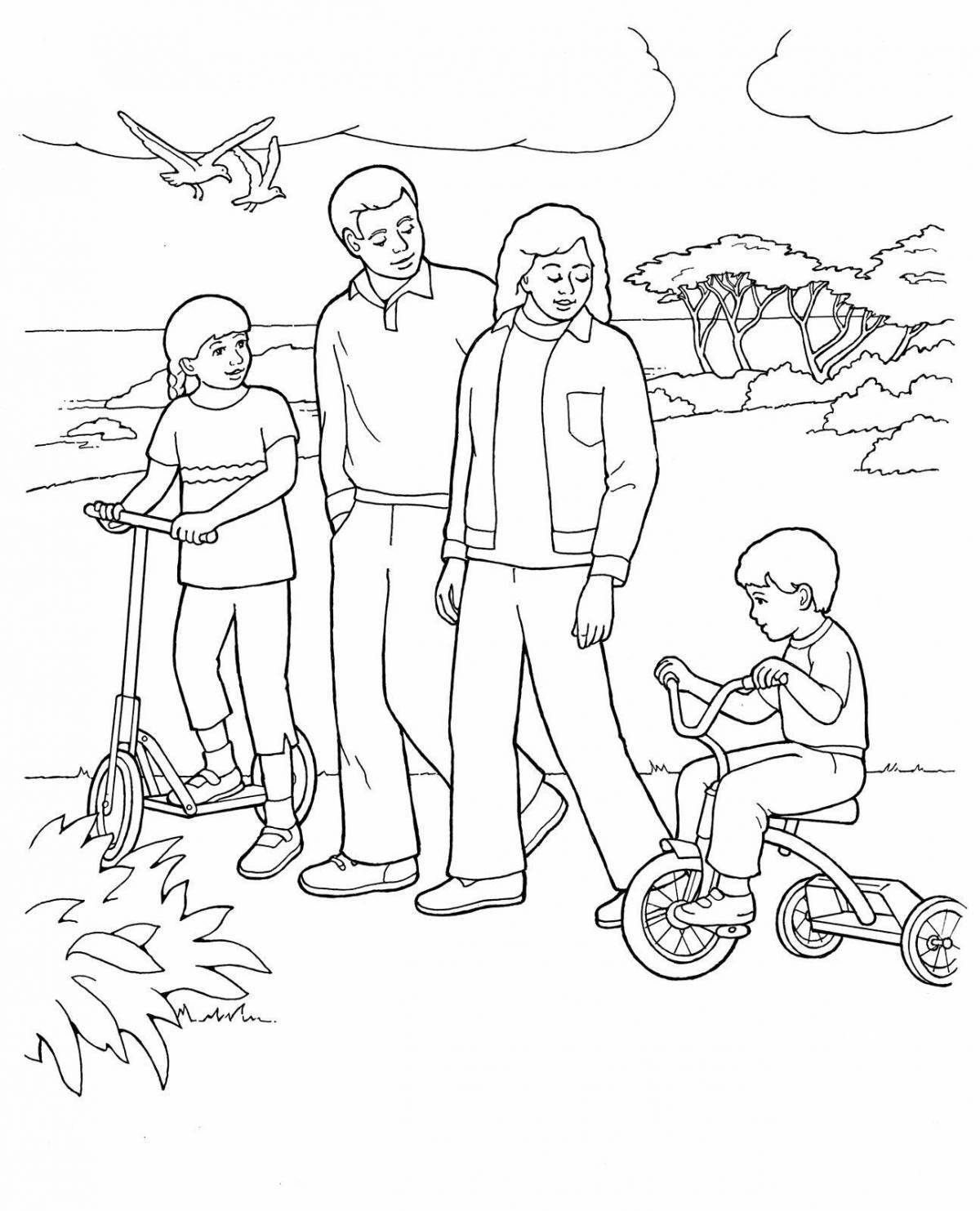 Coloring book adventurous family on vacation