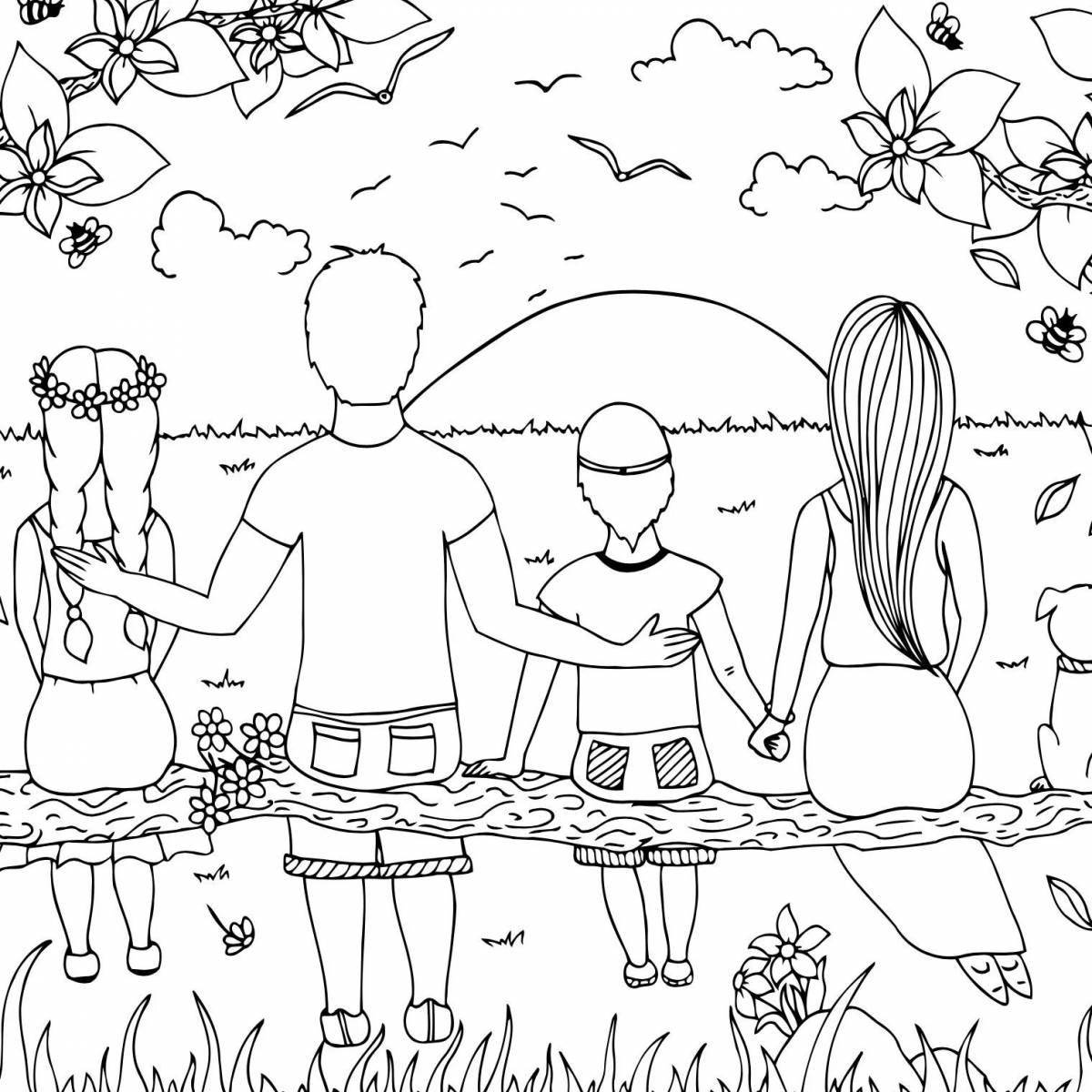 Coloring page cheerful family on vacation