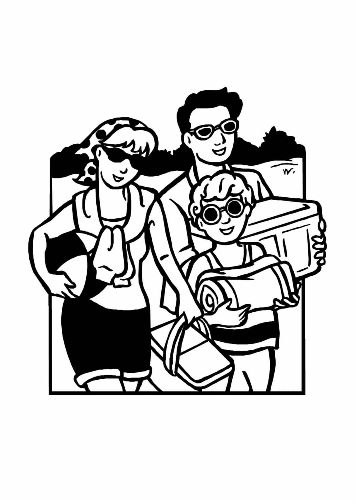 Busy family on vacation coloring book
