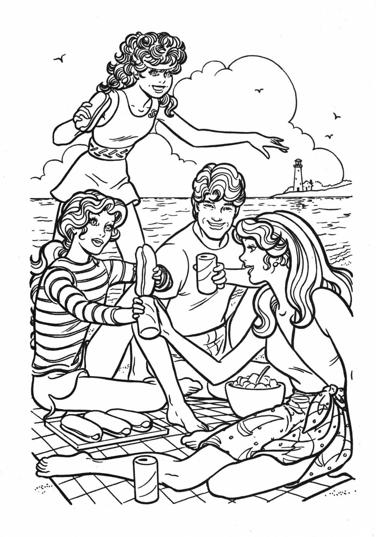 Coloring page cheering family on vacation