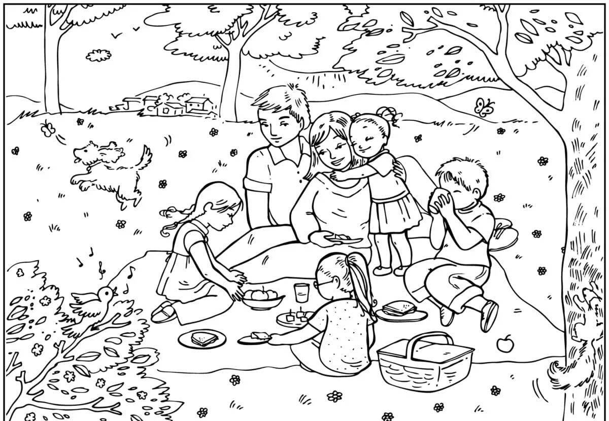 Coloring page enthusiastic family on vacation