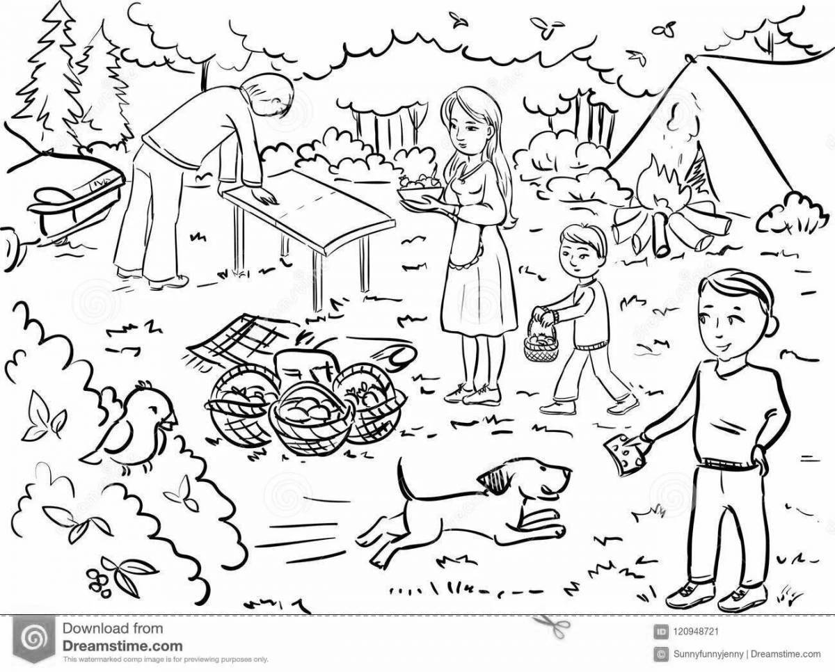 Coloring page shining family on vacation