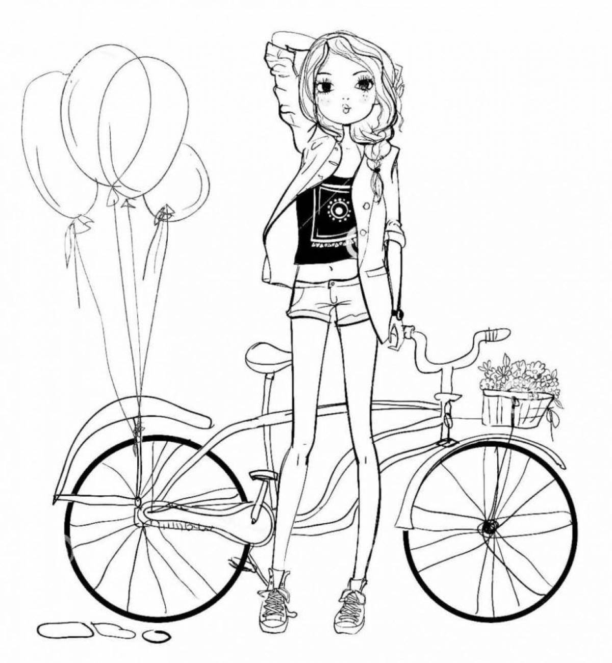 A cheerful girl on a bicycle