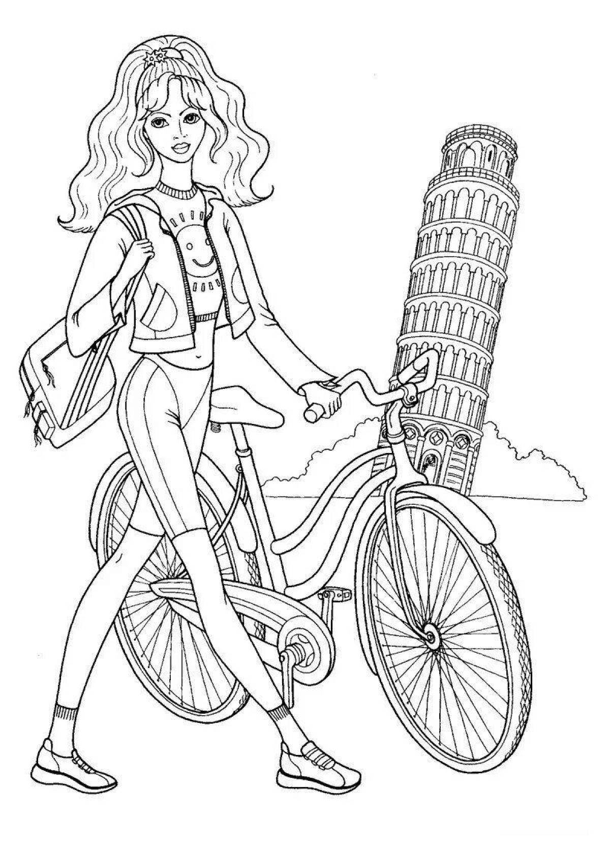 An energetic girl on a bicycle