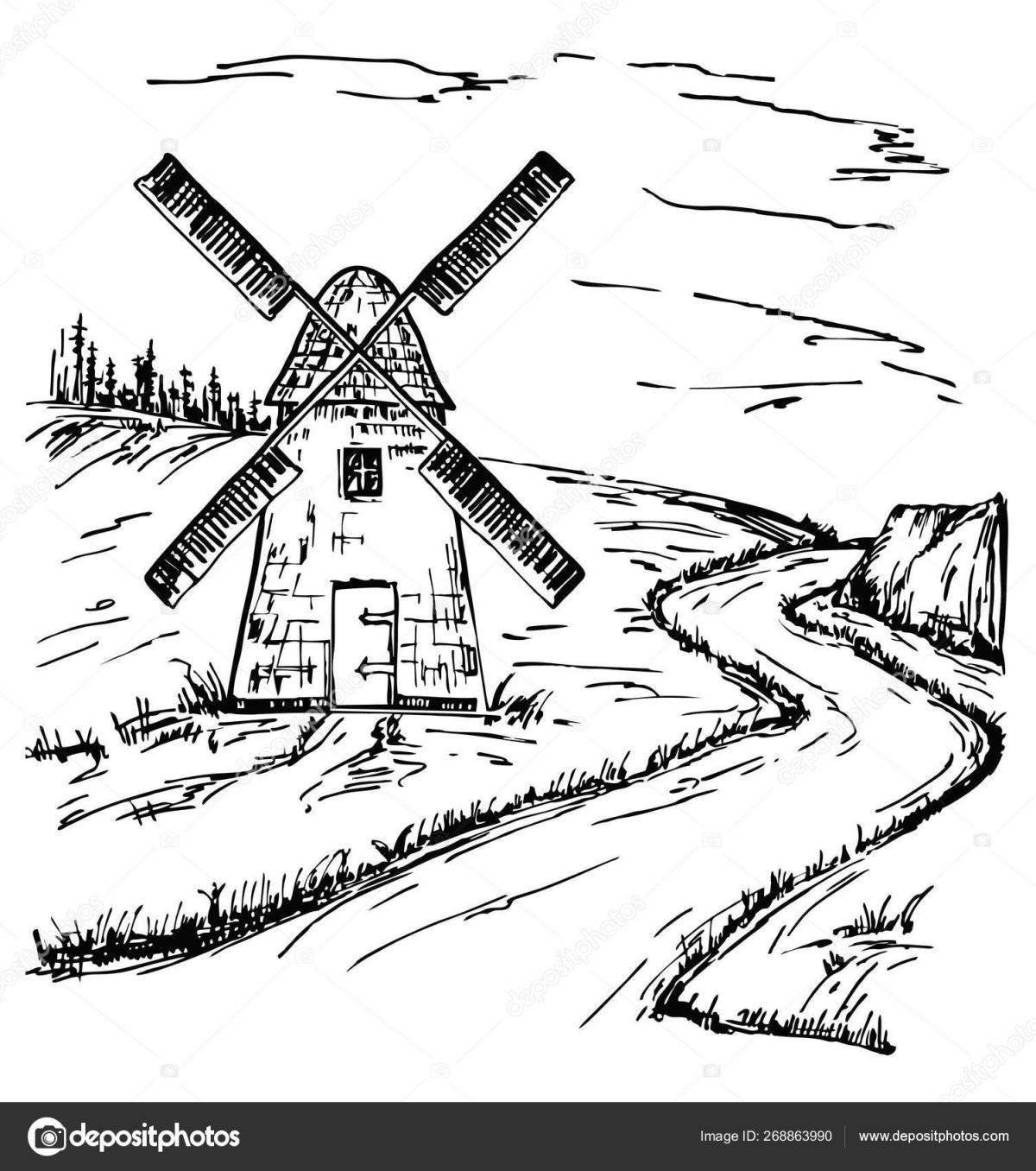 Colourful windmill coloring pages for kids