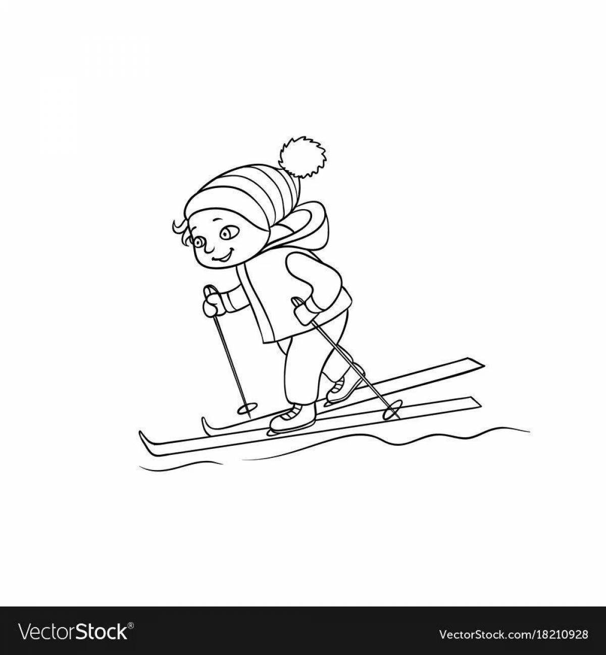 Мальчик катается на лыжах черно белая