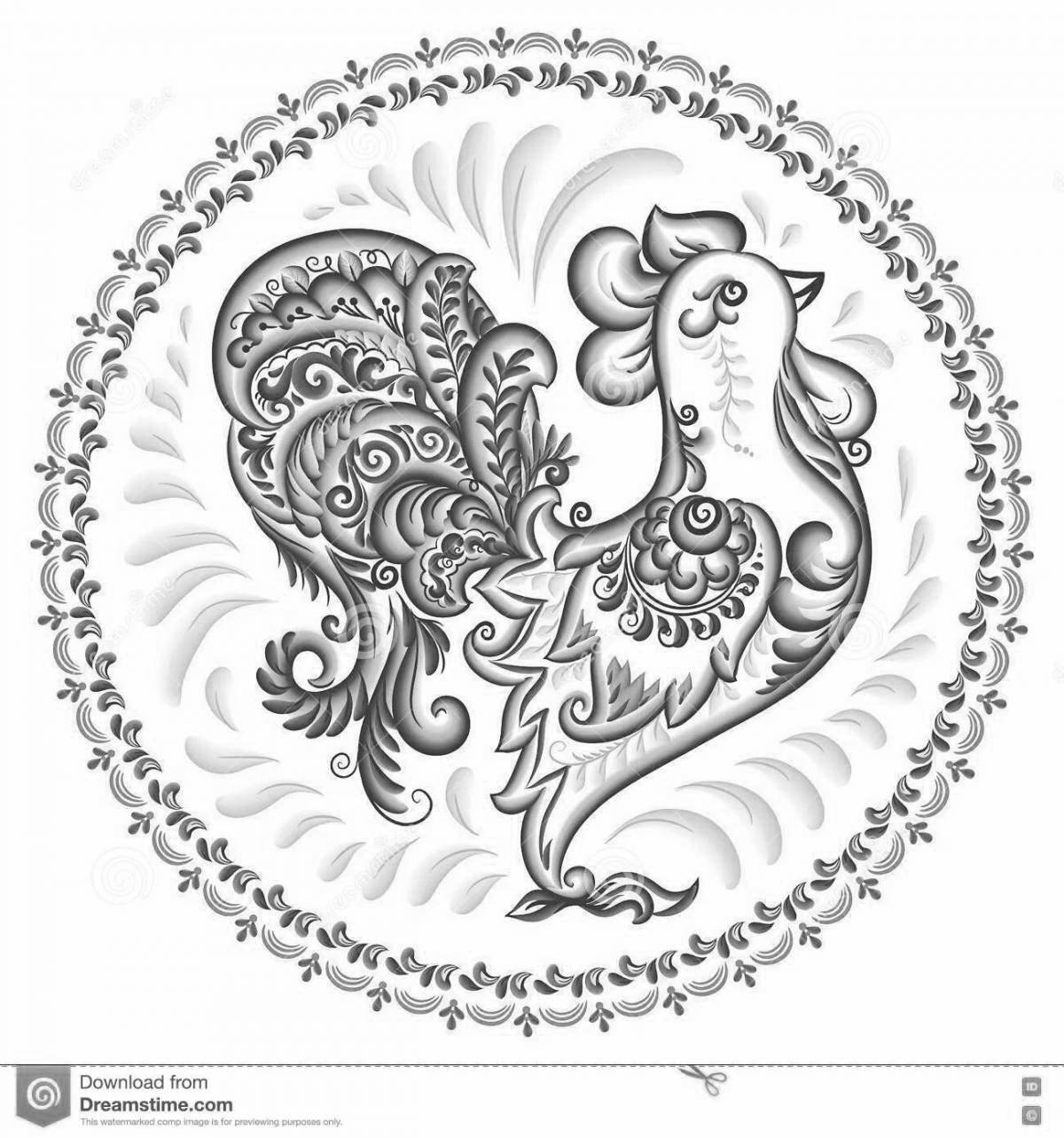 Coloring book bright Gzhel rooster
