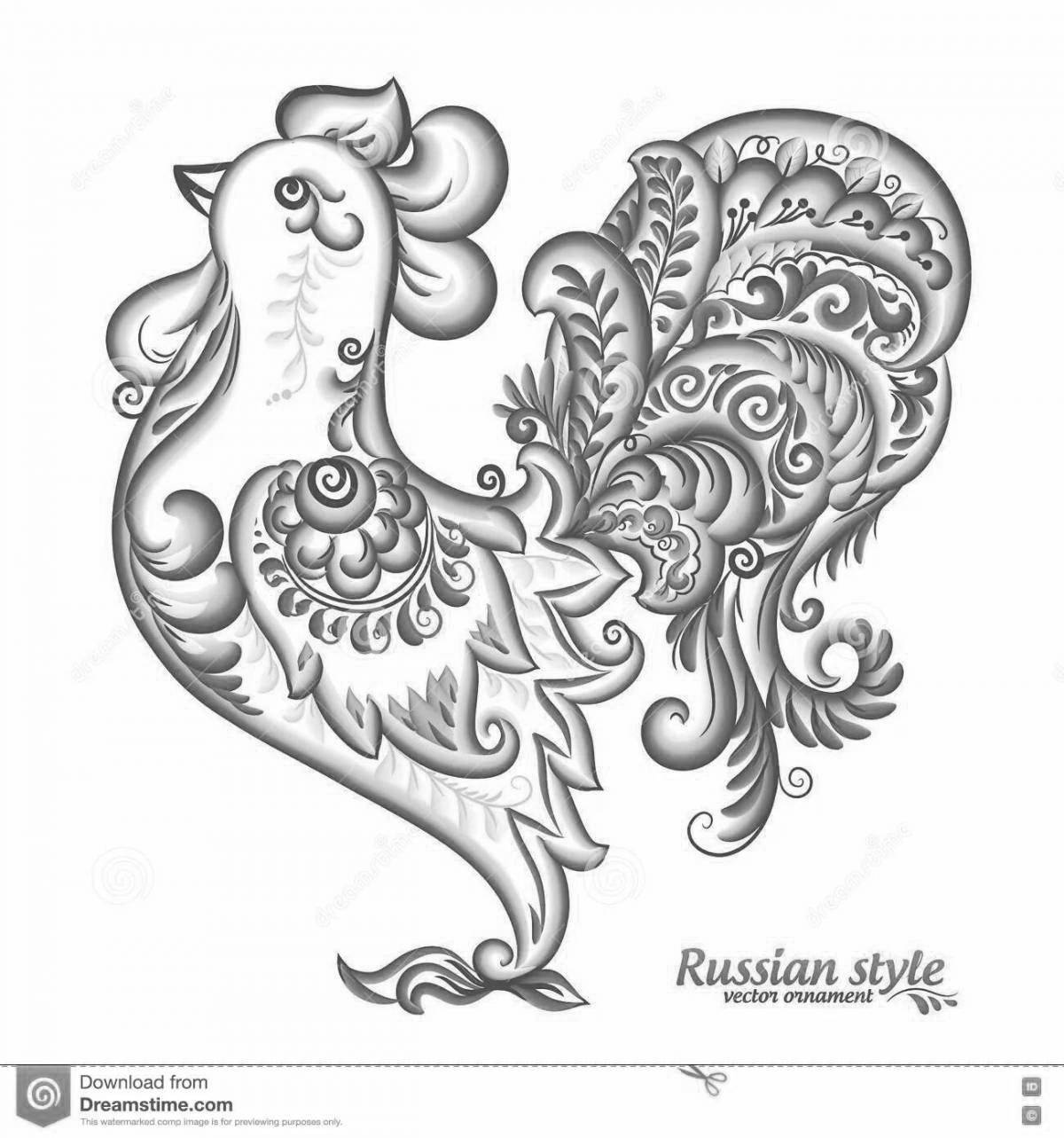 Coloring book cheerful gzhel rooster