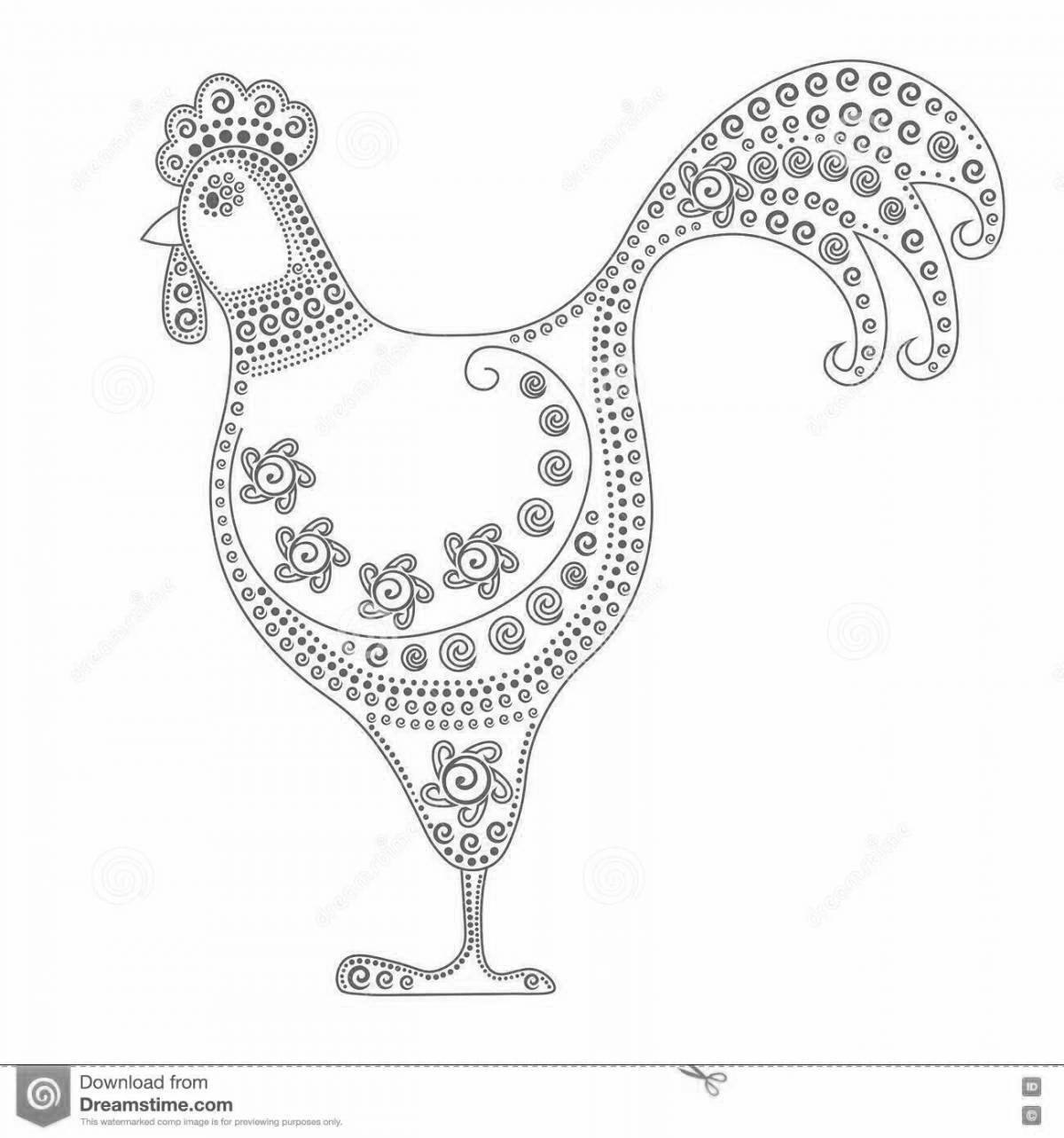 Coloring page charming gzhel rooster