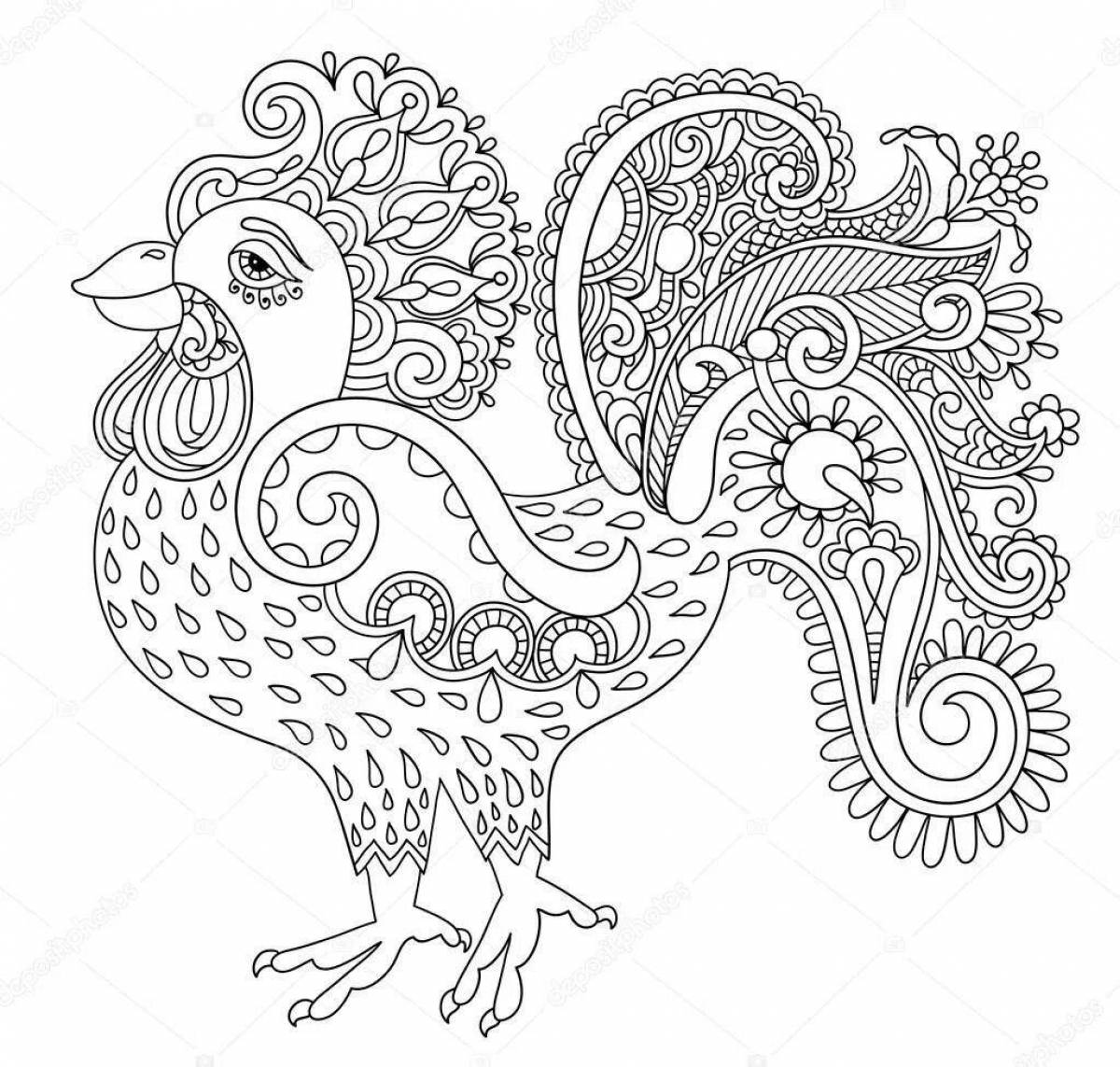 Coloring book dreamy Gzhel rooster