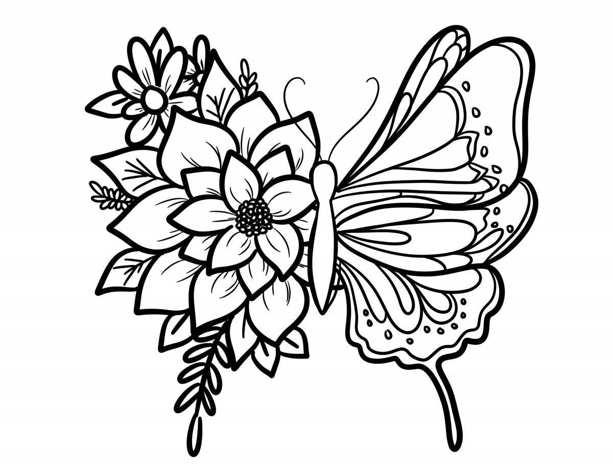 Буйная бабочка с цветком раскраска