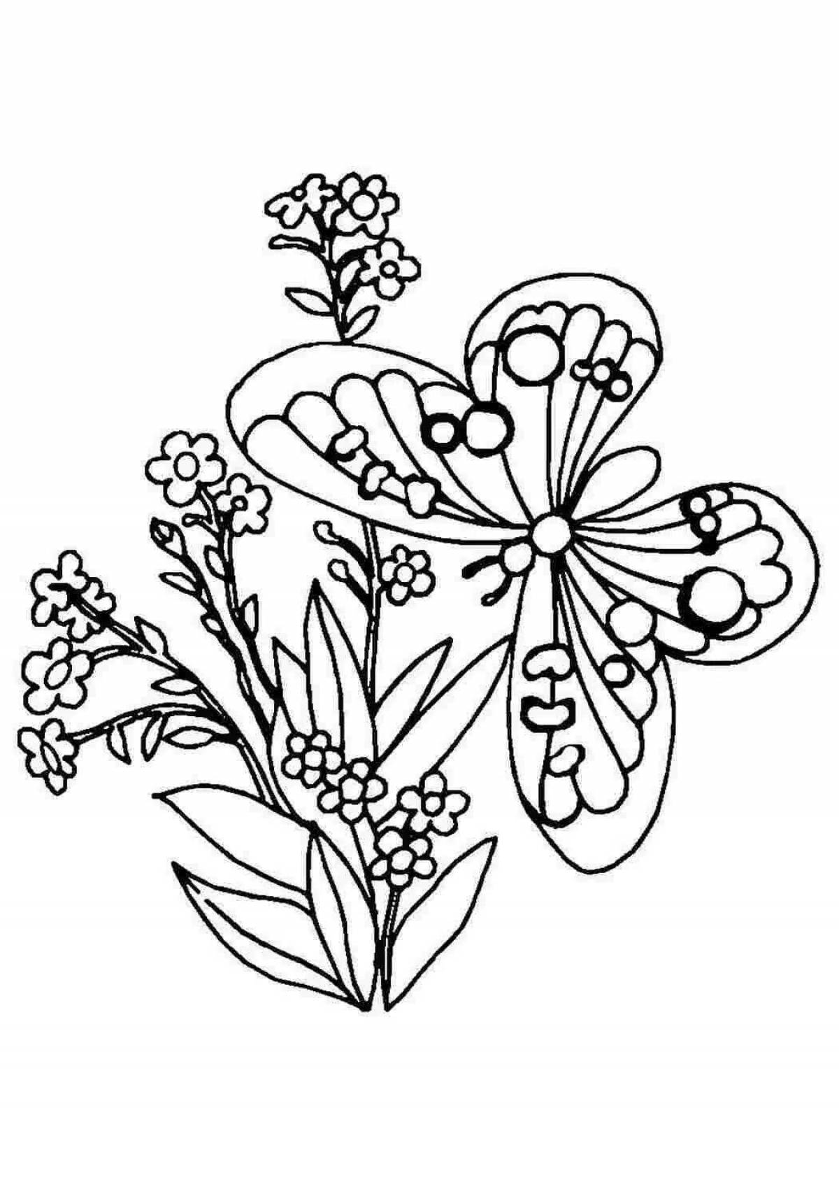 Coloring book exotic butterfly with flower