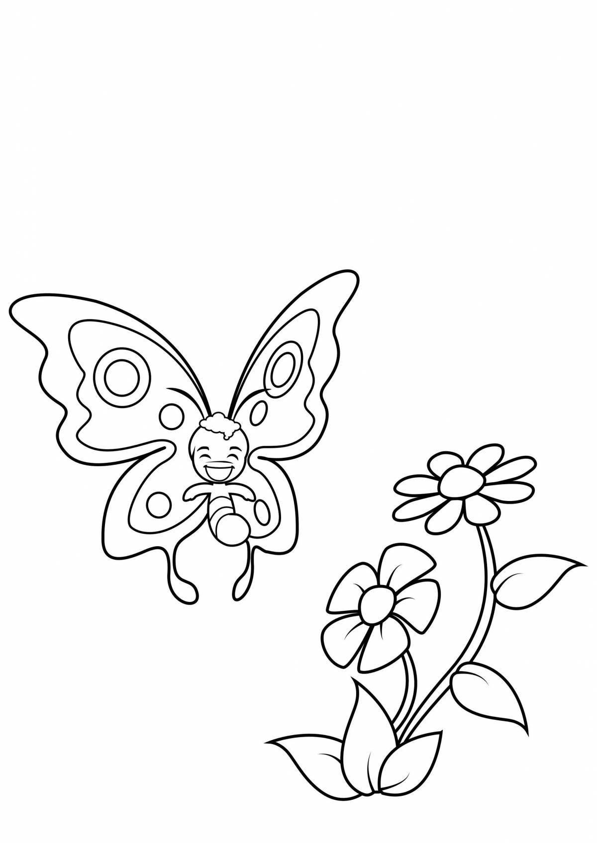 Ярко окрашенная бабочка с цветком раскраска