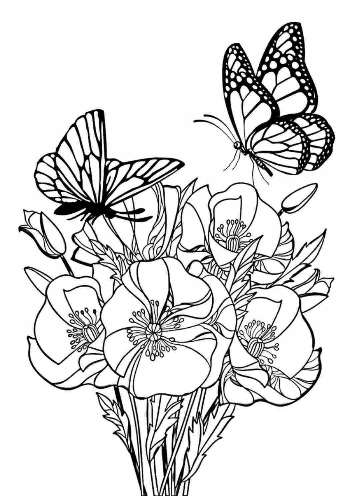 Очаровательная бабочка с цветком раскраска