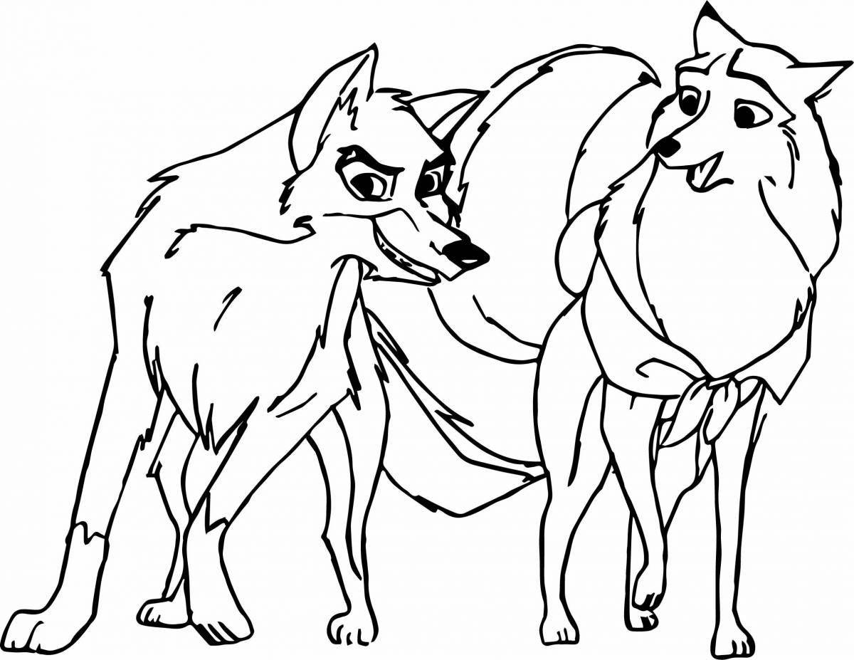 Оживленная страница раскраски собаки и волка