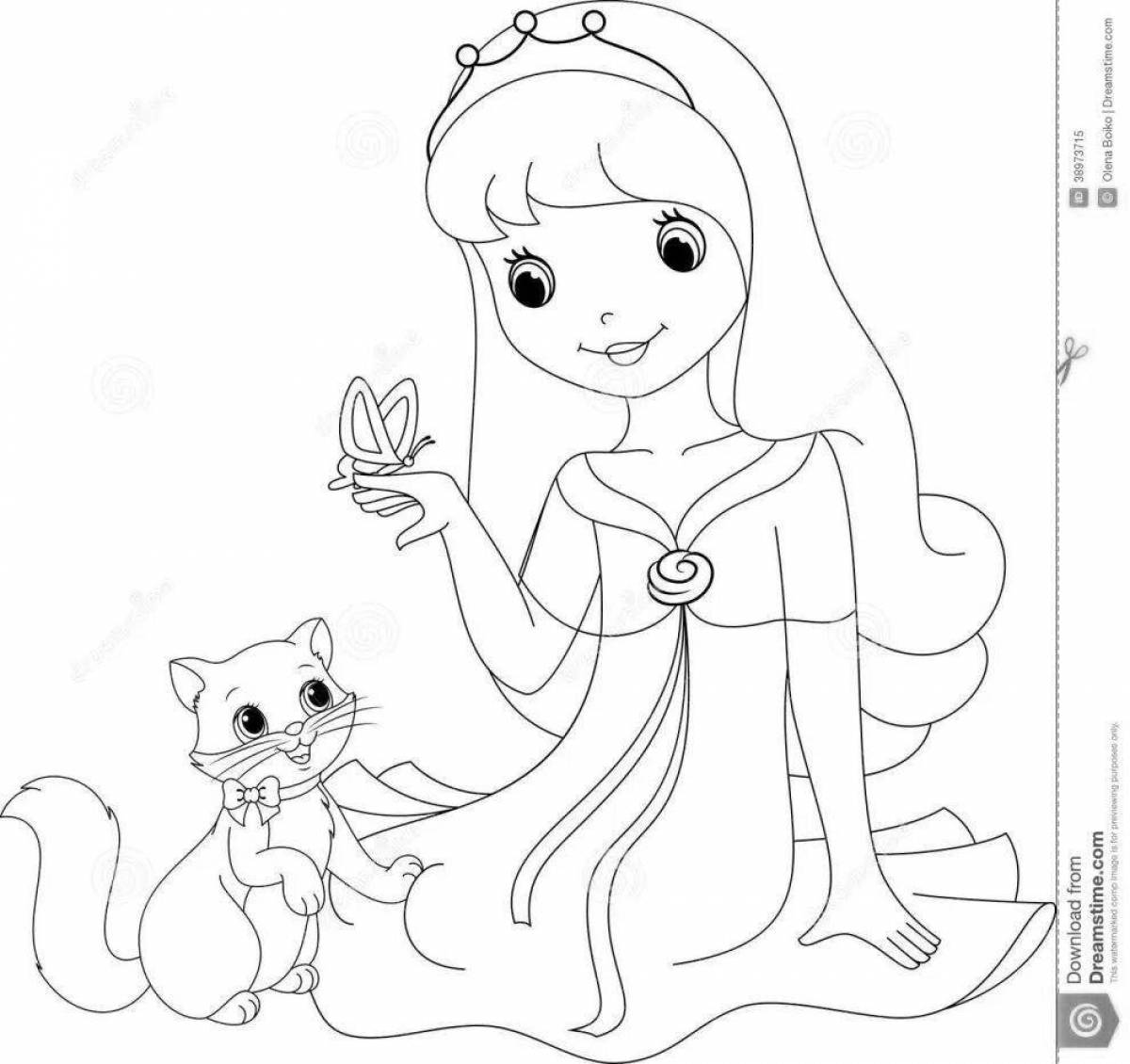 Оживленная раскраска принцесса с котенком