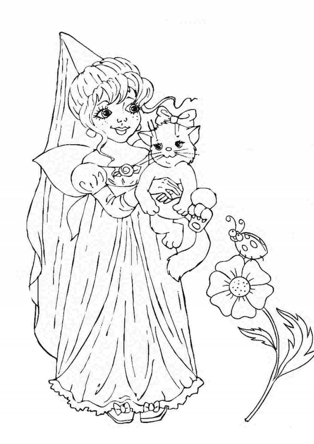 Ликующая раскраска принцесса с котенком