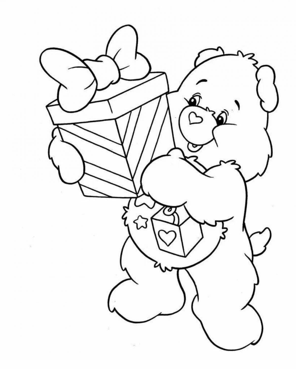 Coloring teddy bear with a gift