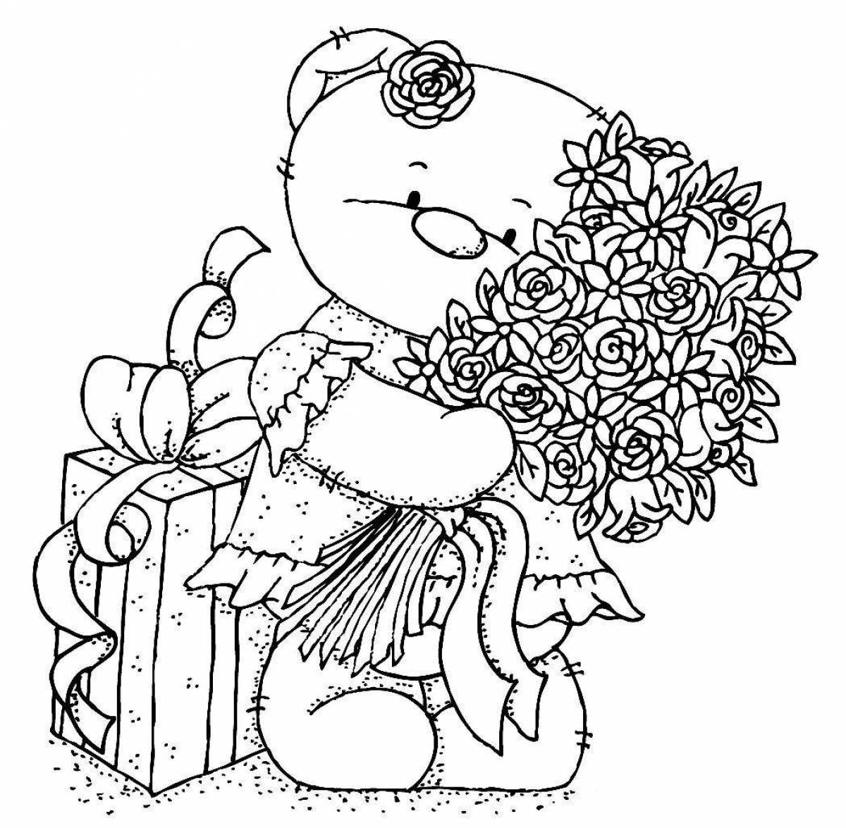 Coloring page excited bear with a gift