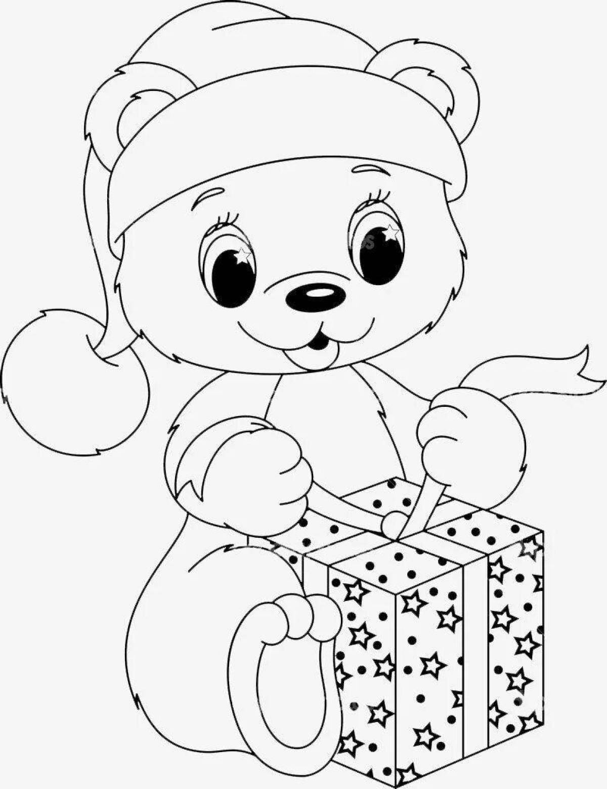Coloring book smiling bear with a gift