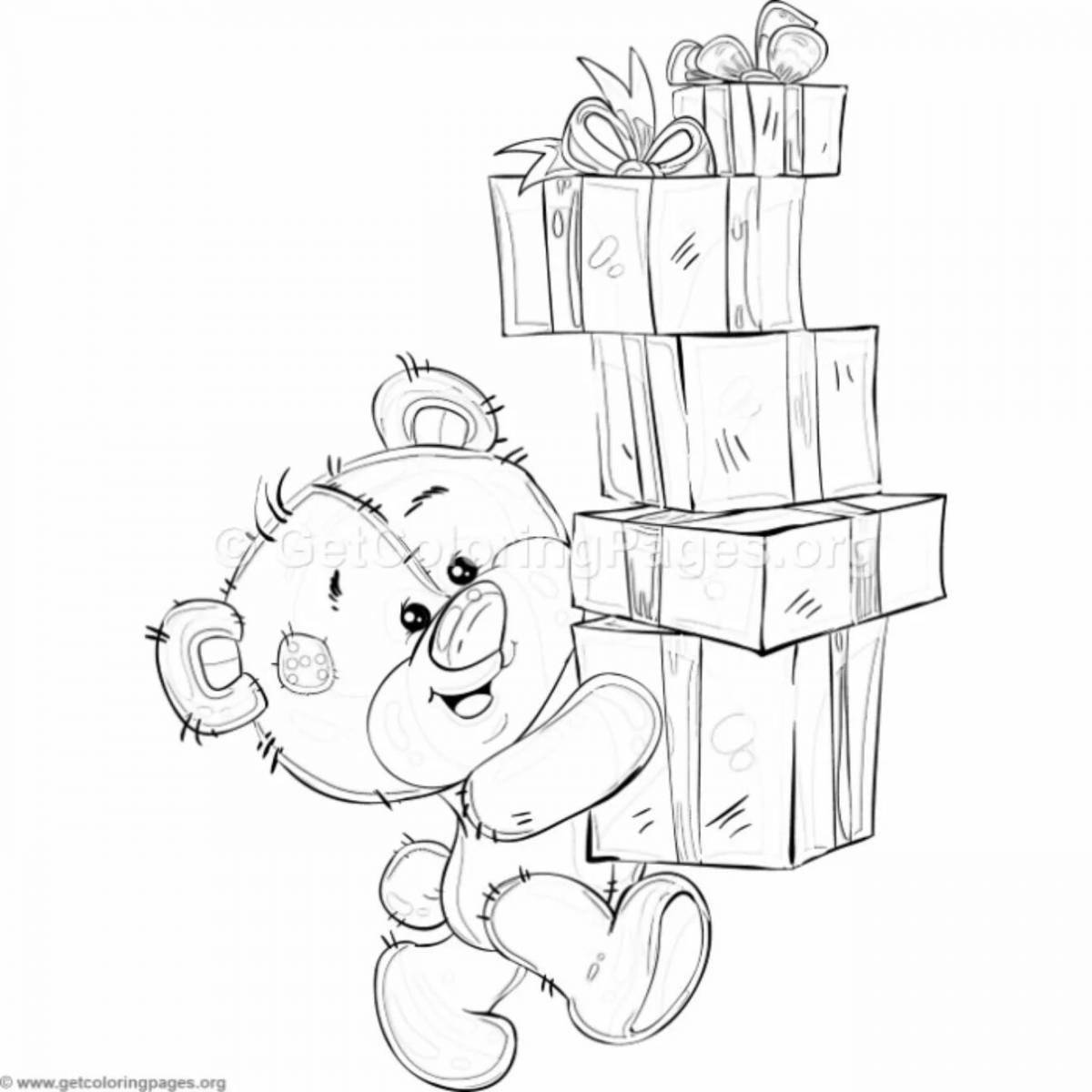 Coloring book shining bear with a gift