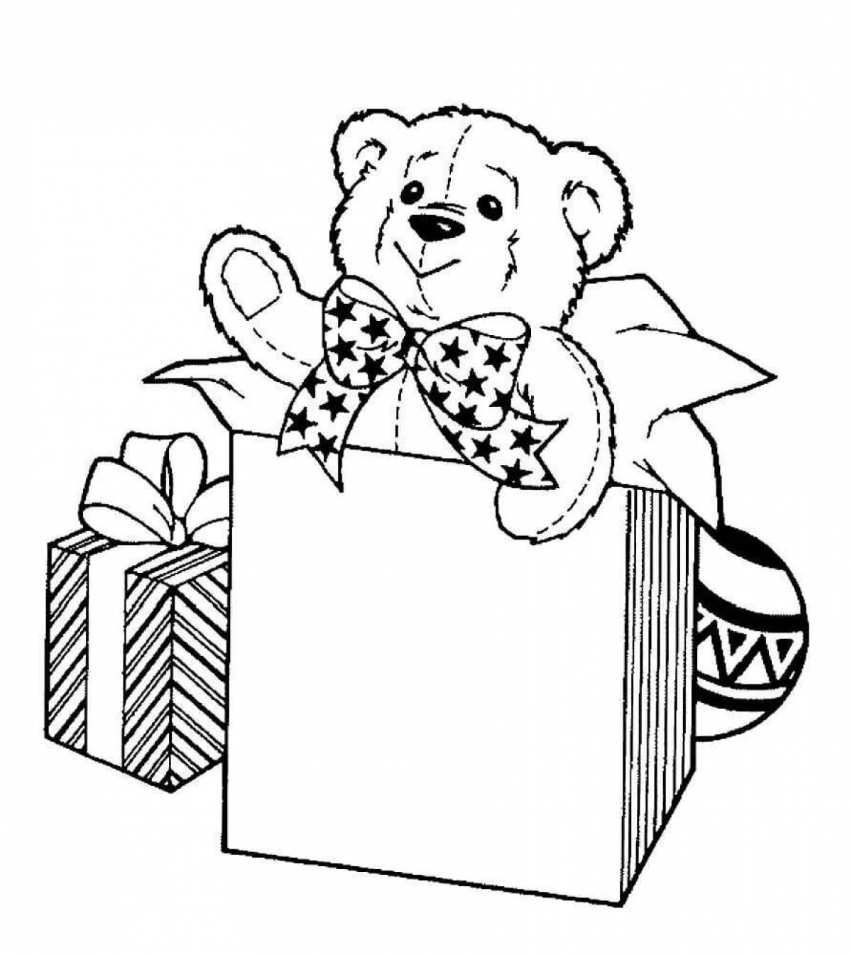 Coloring book shiny teddy bear with a gift