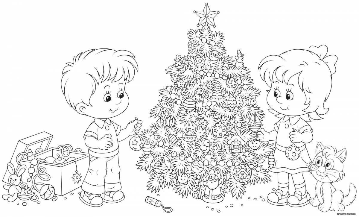 Радостные дети, украшающие елку