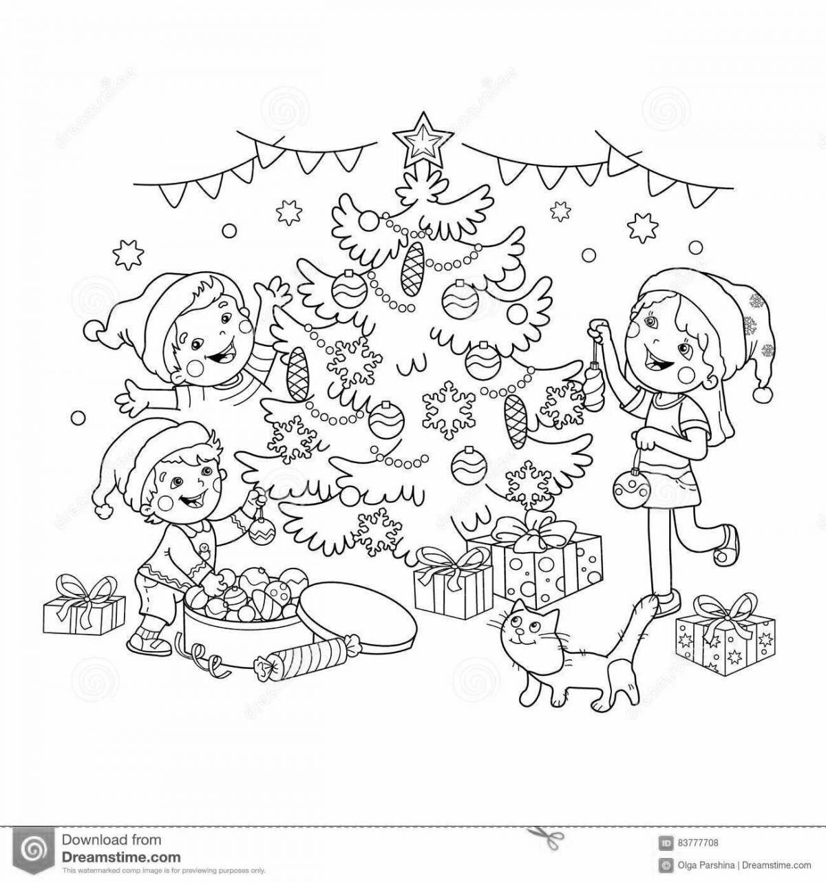 Playful children decorate the Christmas tree