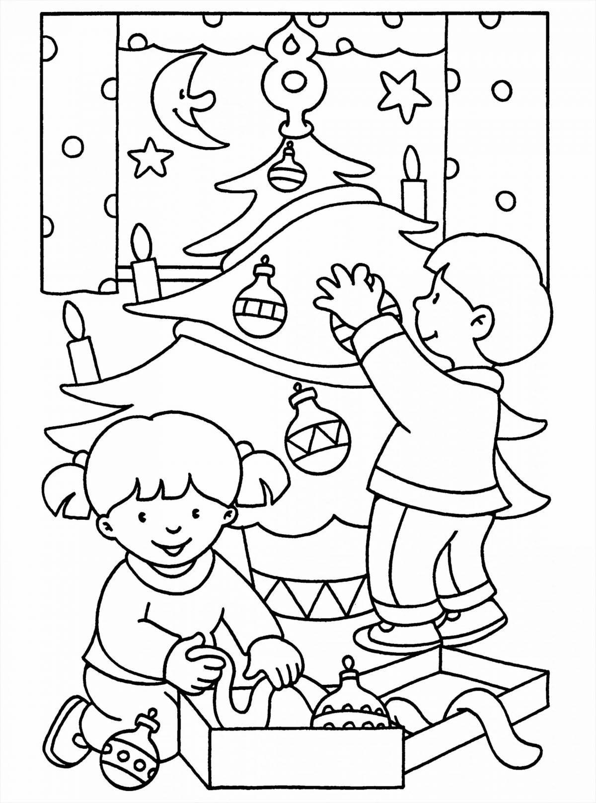 Joyful children decorate the Christmas tree