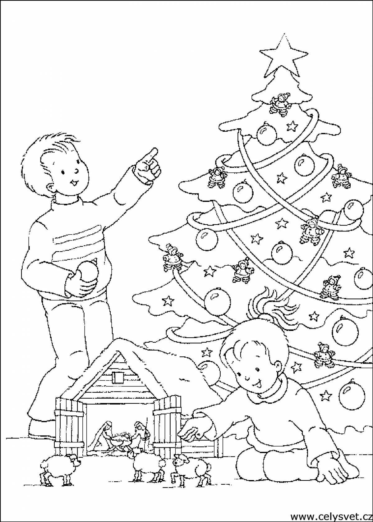 Joyful children decorate the tree