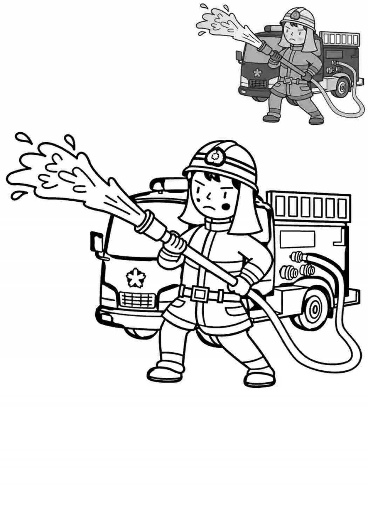 Решительный пожарный тушит огонь