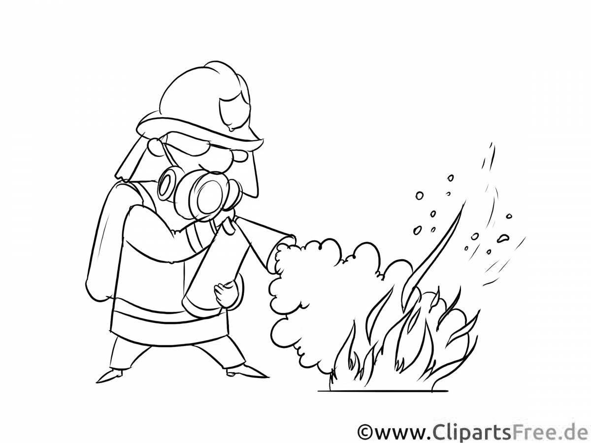 Доблестный пожарный тушит огонь