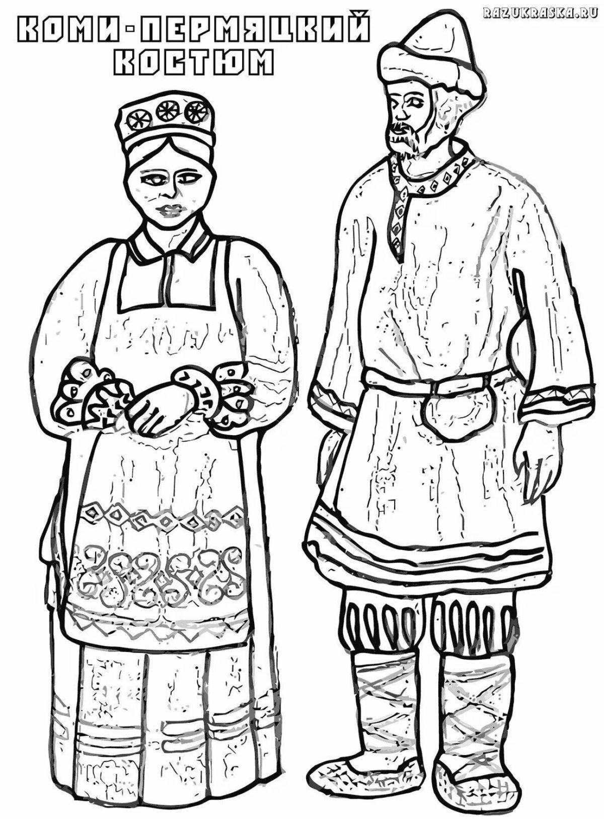 Colouring bright Udmurt national costumes