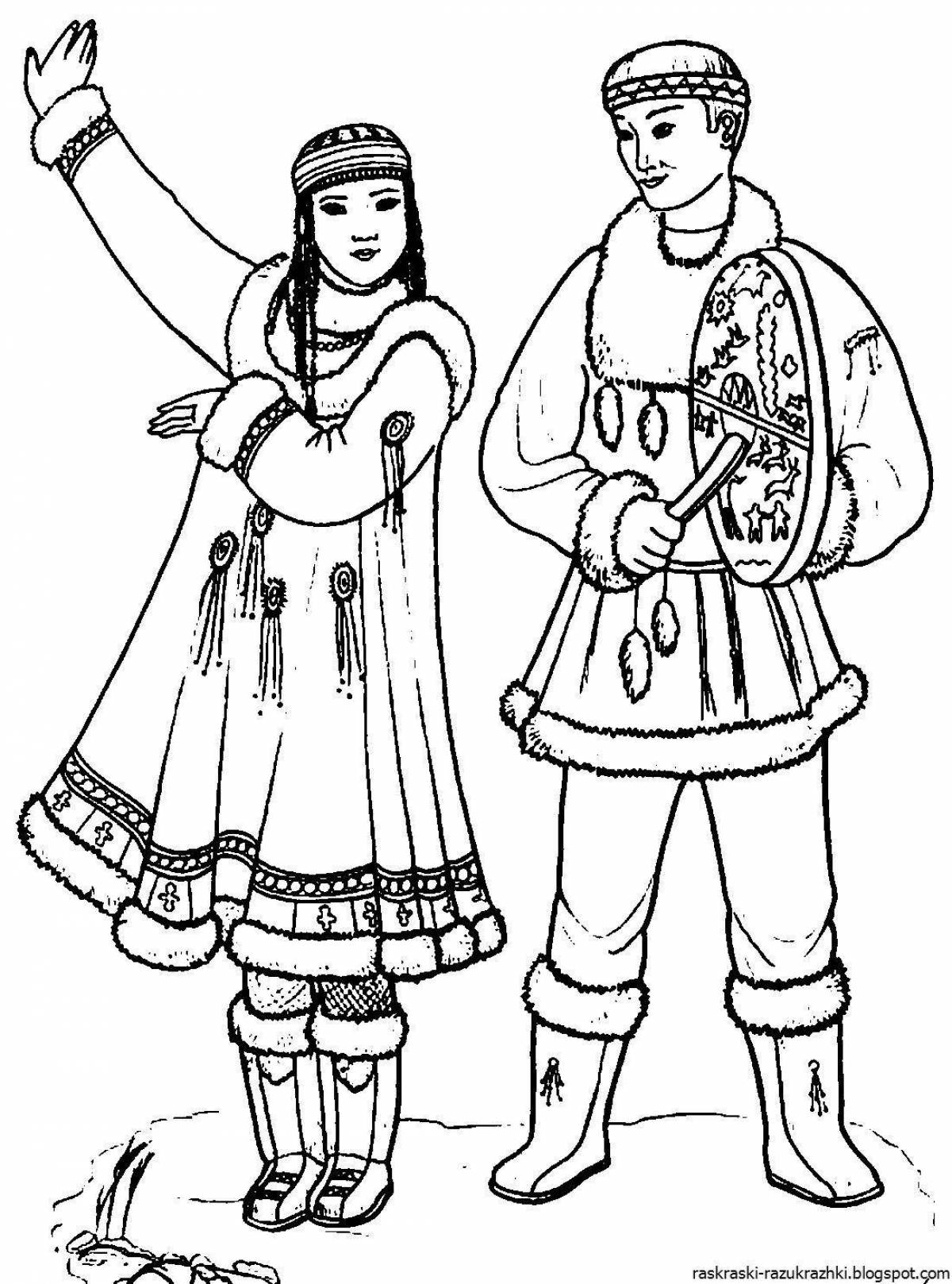 Coloring page joyful Udmurt national costume