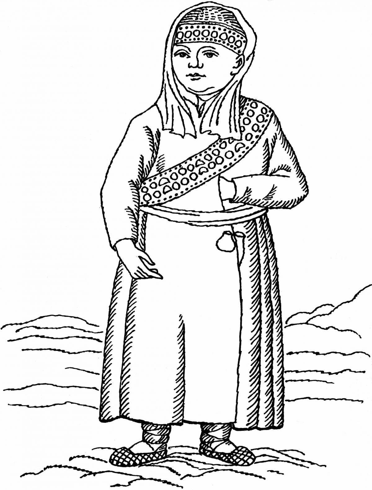 Раскраска манящий удмуртский национальный костюм
