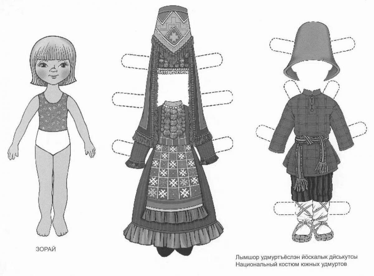 Coloring page bold Udmurt national costume