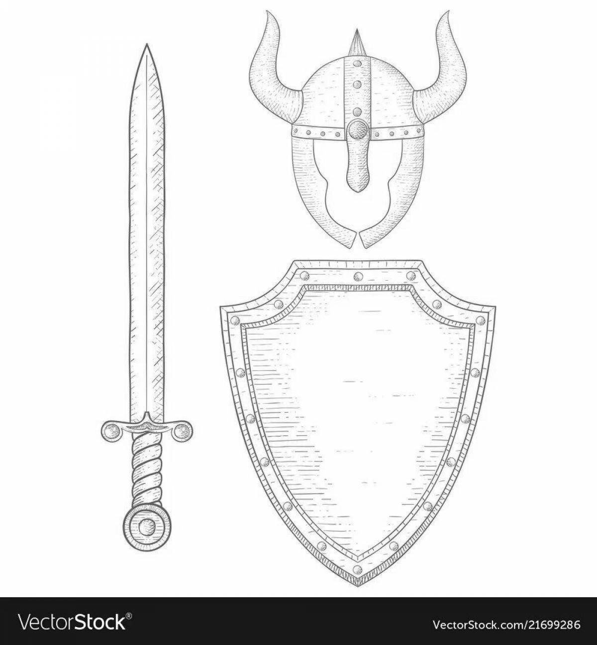 Colorful shield and sword coloring book