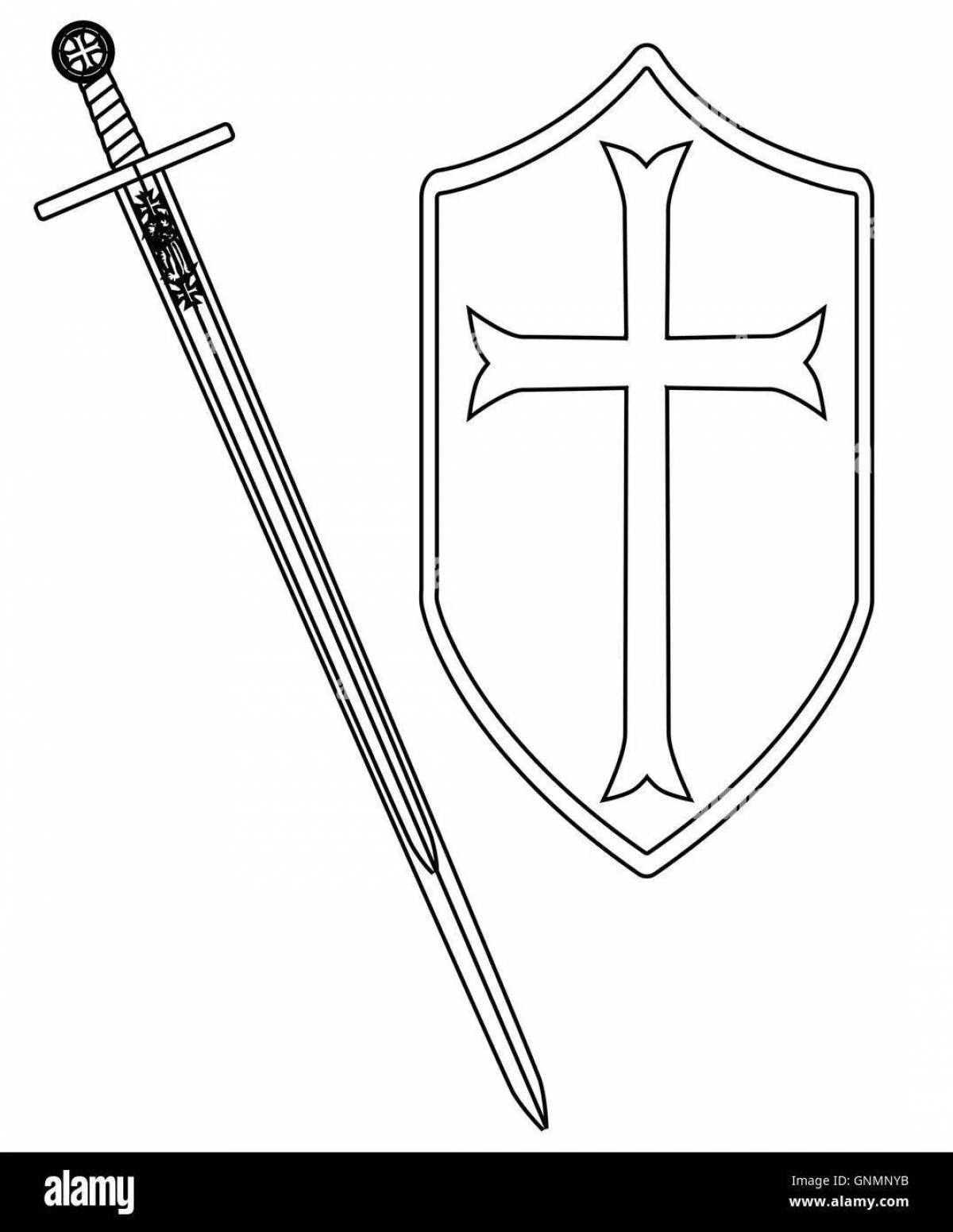 Изящная страница раскраски щита и меча
